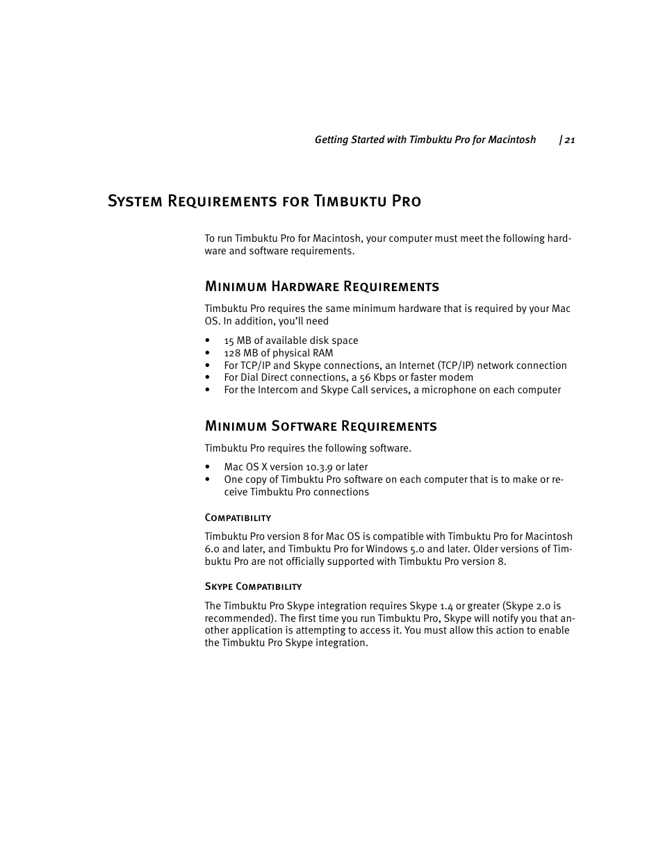 System requirements for timbuktu pro, Minimum hardware requirements, Minimum software requirements | ARRIS Timbuktu for Macintosh v8.8.3- Getting Started Guide User Manual | Page 21 / 116