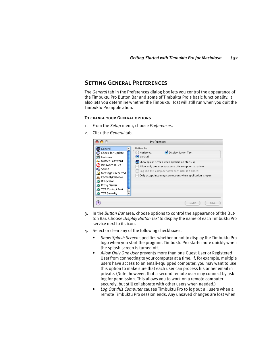 Setting general preferences, S. see | ARRIS Timbuktu for Macintosh v8.8.3- Getting Started Guide User Manual | Page 32 / 116