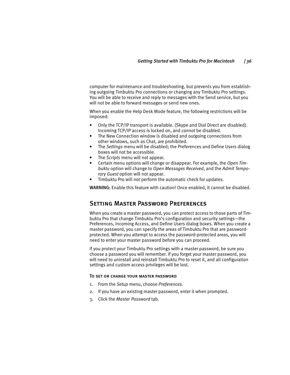 Setting master password preferences, Setting master password pref | ARRIS Timbuktu for Macintosh v8.8.3- Getting Started Guide User Manual | Page 36 / 116