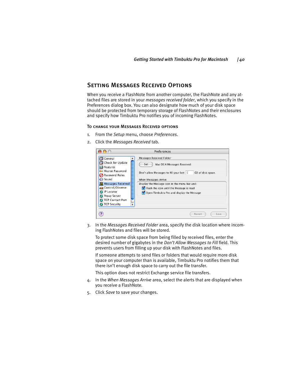 Setting messages received options | ARRIS Timbuktu for Macintosh v8.8.3- Getting Started Guide User Manual | Page 40 / 116