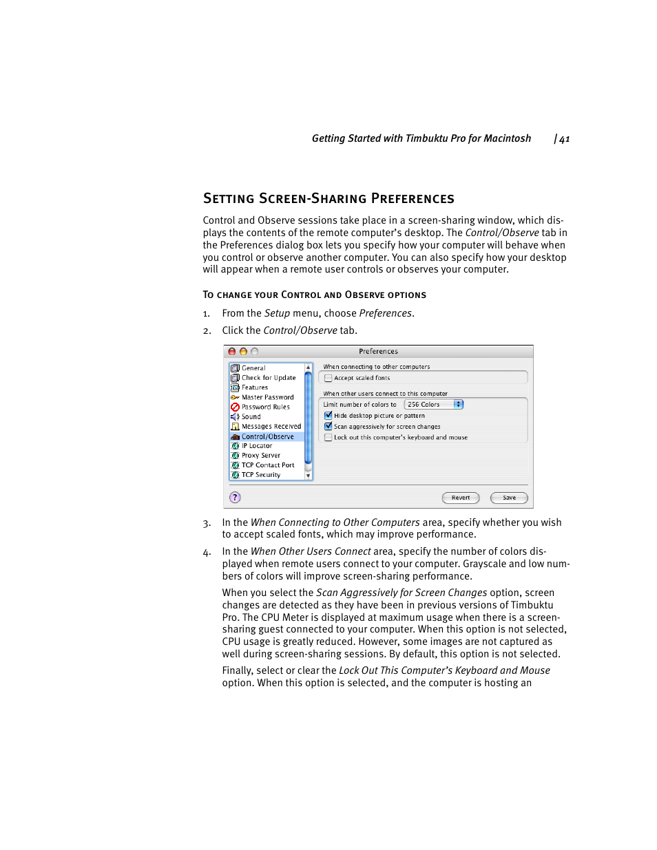 Setting screen-sharing preferences, Setting | ARRIS Timbuktu for Macintosh v8.8.3- Getting Started Guide User Manual | Page 41 / 116