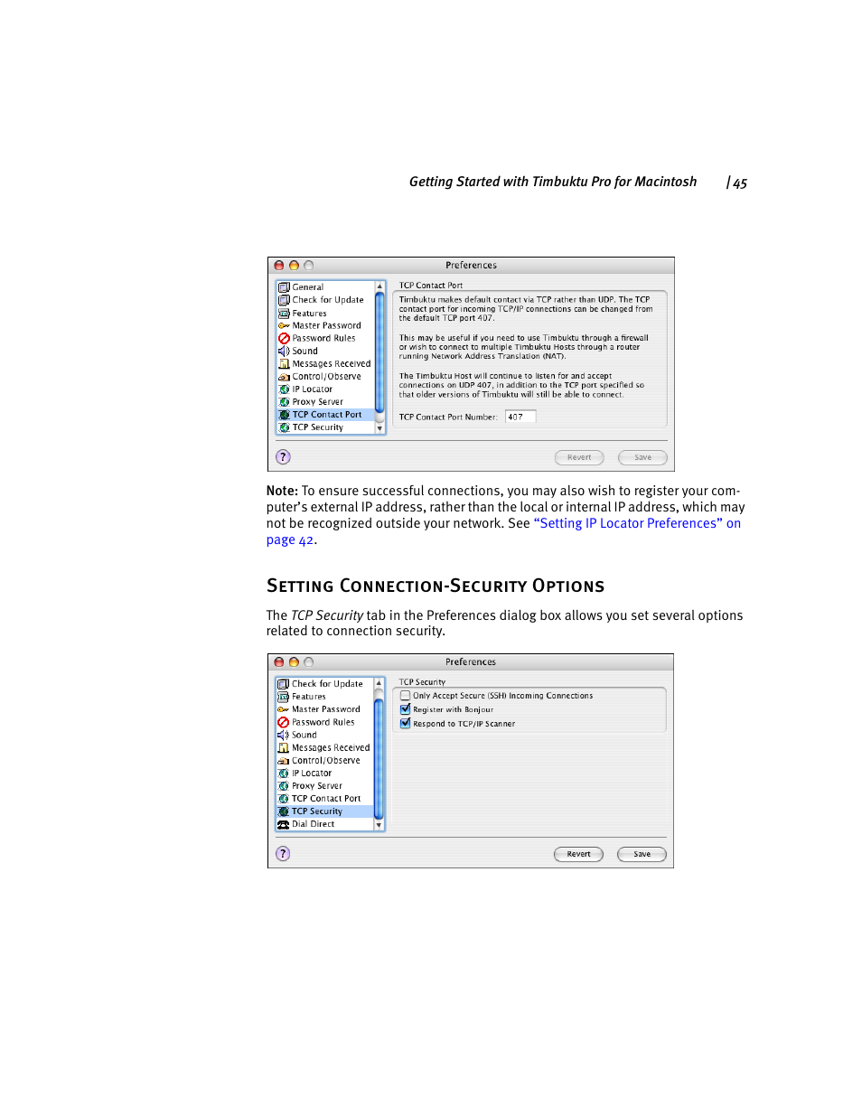 Setting connection-security options, Setting connection-secu | ARRIS Timbuktu for Macintosh v8.8.3- Getting Started Guide User Manual | Page 45 / 116
