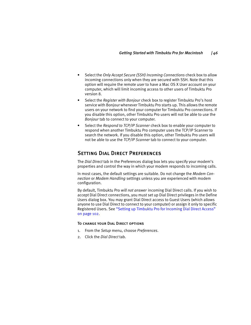 Setting dial direct preferences, Setting dial direct prefer | ARRIS Timbuktu for Macintosh v8.8.3- Getting Started Guide User Manual | Page 46 / 116