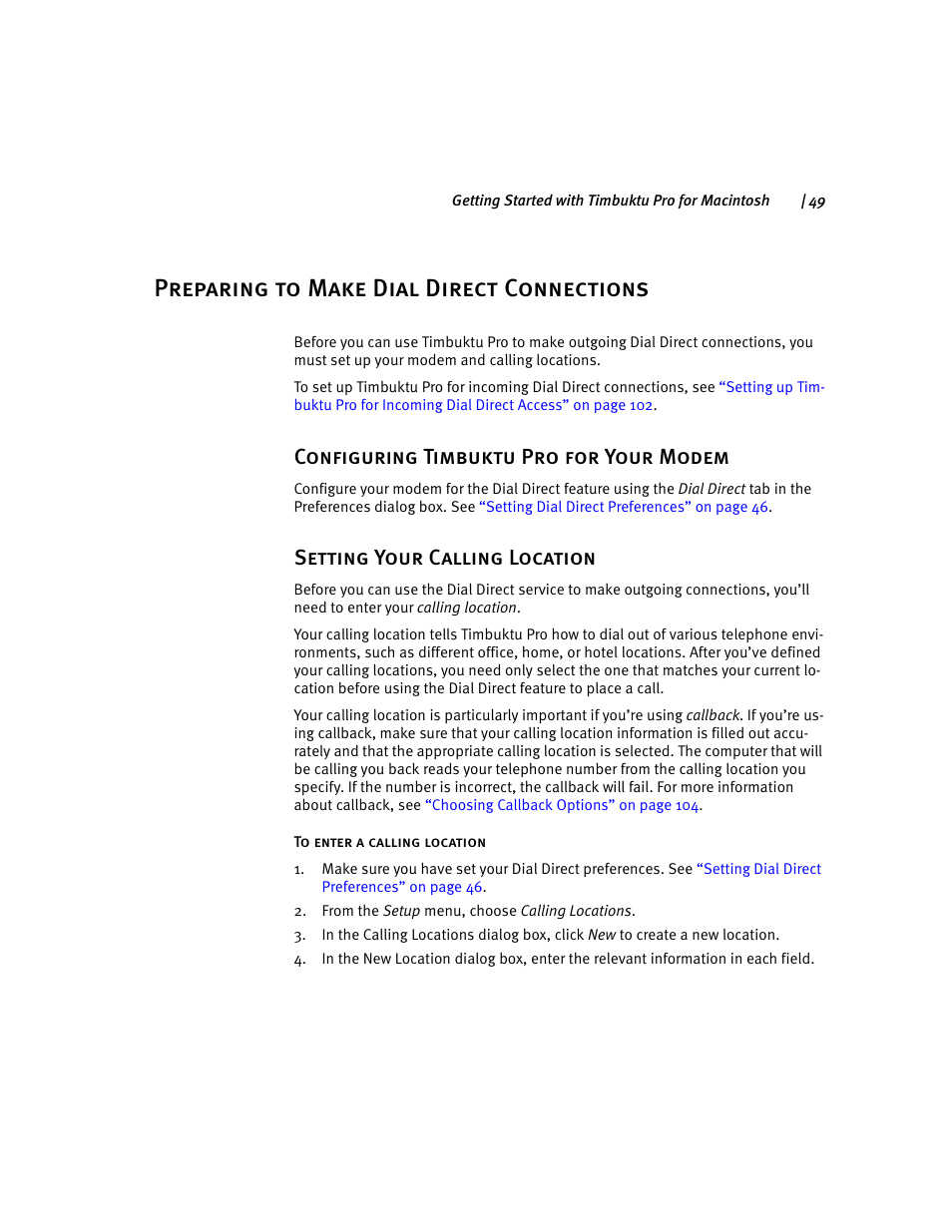 Preparing to make dial direct connections, Configuring timbuktu pro for your modem, Setting your calling location | ARRIS Timbuktu for Macintosh v8.8.3- Getting Started Guide User Manual | Page 49 / 116