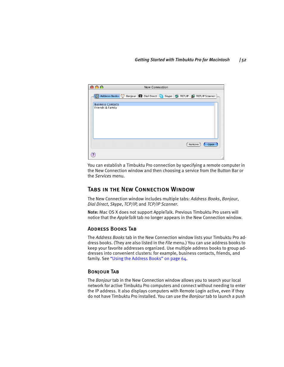 Tabs in the new connection window | ARRIS Timbuktu for Macintosh v8.8.3- Getting Started Guide User Manual | Page 52 / 116