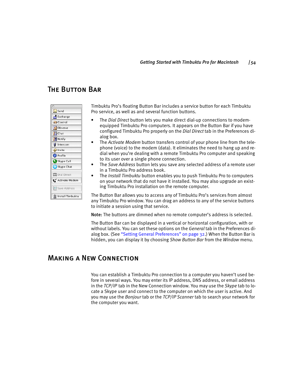 The button bar, Making a new connection, The button bar making a new connection | ARRIS Timbuktu for Macintosh v8.8.3- Getting Started Guide User Manual | Page 54 / 116