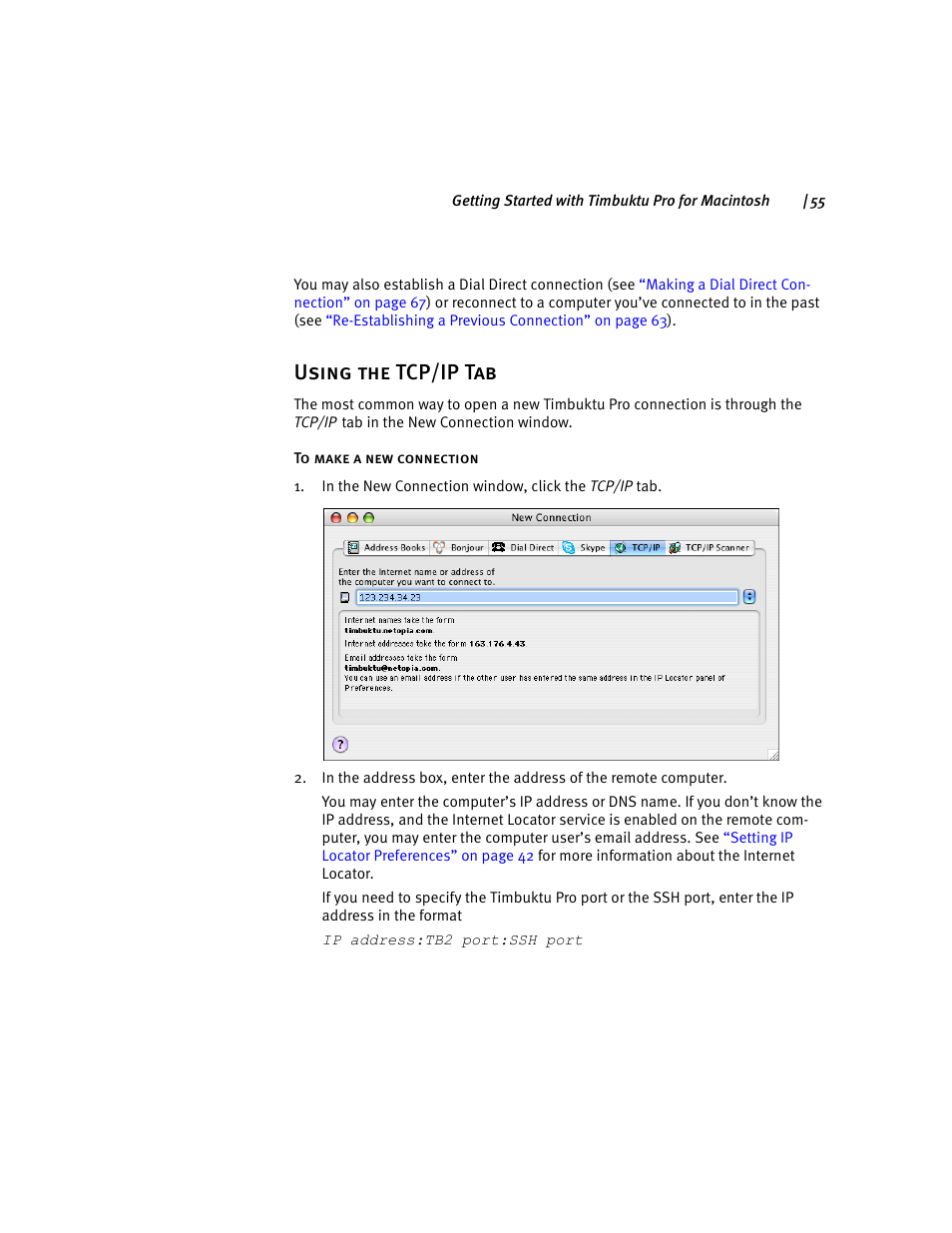 Using the tcp/ip tab | ARRIS Timbuktu for Macintosh v8.8.3- Getting Started Guide User Manual | Page 55 / 116