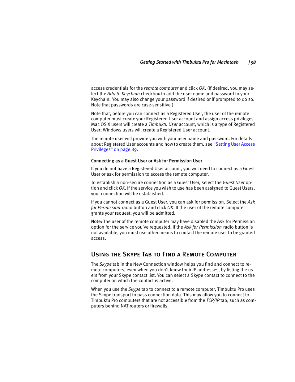 Using the skype tab to find a remote computer, Using the, Connecting as a guest user or ask for | ARRIS Timbuktu for Macintosh v8.8.3- Getting Started Guide User Manual | Page 58 / 116