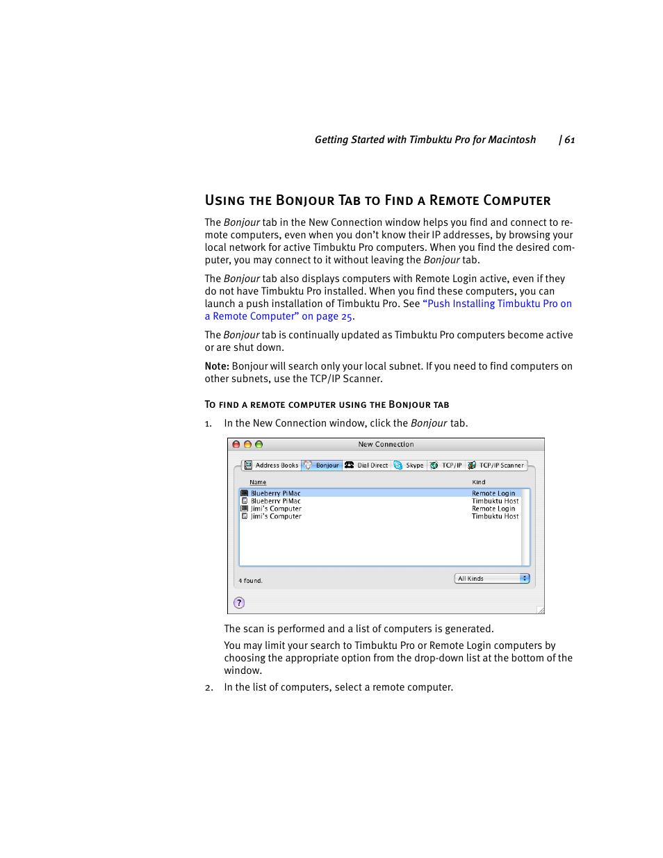 Using the bonjour tab to find a remote computer, Using the bonjour tab to | ARRIS Timbuktu for Macintosh v8.8.3- Getting Started Guide User Manual | Page 61 / 116