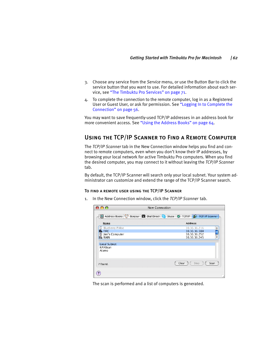 Using the tcp/ip scanner to find a remote computer | ARRIS Timbuktu for Macintosh v8.8.3- Getting Started Guide User Manual | Page 62 / 116