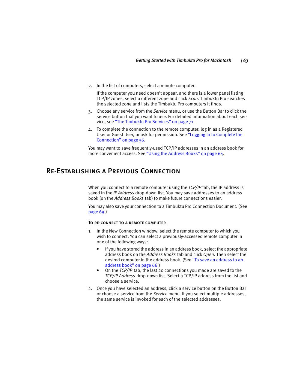 Re-establishing a previous connection | ARRIS Timbuktu for Macintosh v8.8.3- Getting Started Guide User Manual | Page 63 / 116