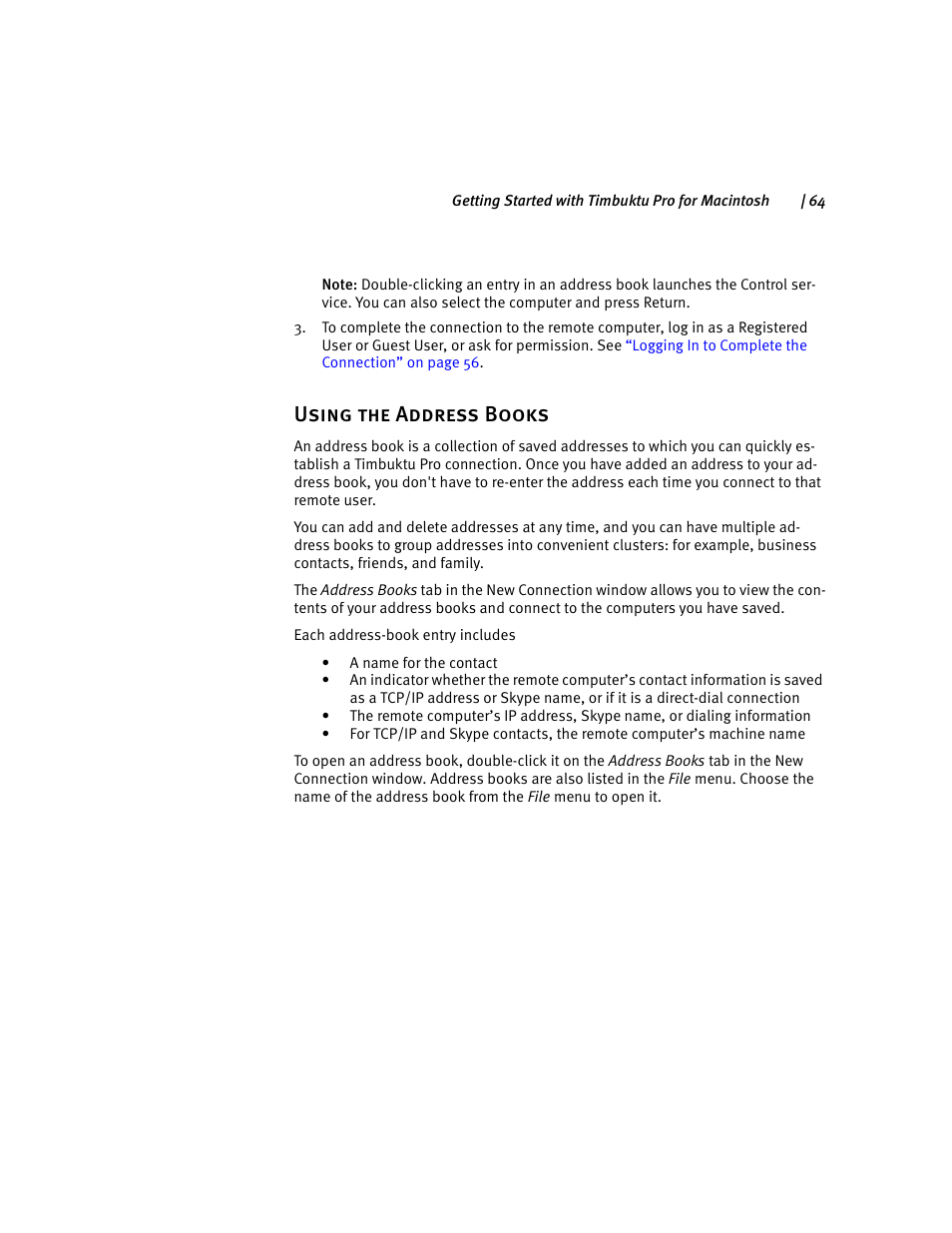 Using the address books | ARRIS Timbuktu for Macintosh v8.8.3- Getting Started Guide User Manual | Page 64 / 116