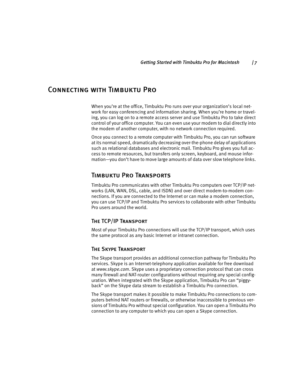 Connecting with timbuktu pro, Timbuktu pro transports | ARRIS Timbuktu for Macintosh v8.8.3- Getting Started Guide User Manual | Page 7 / 116