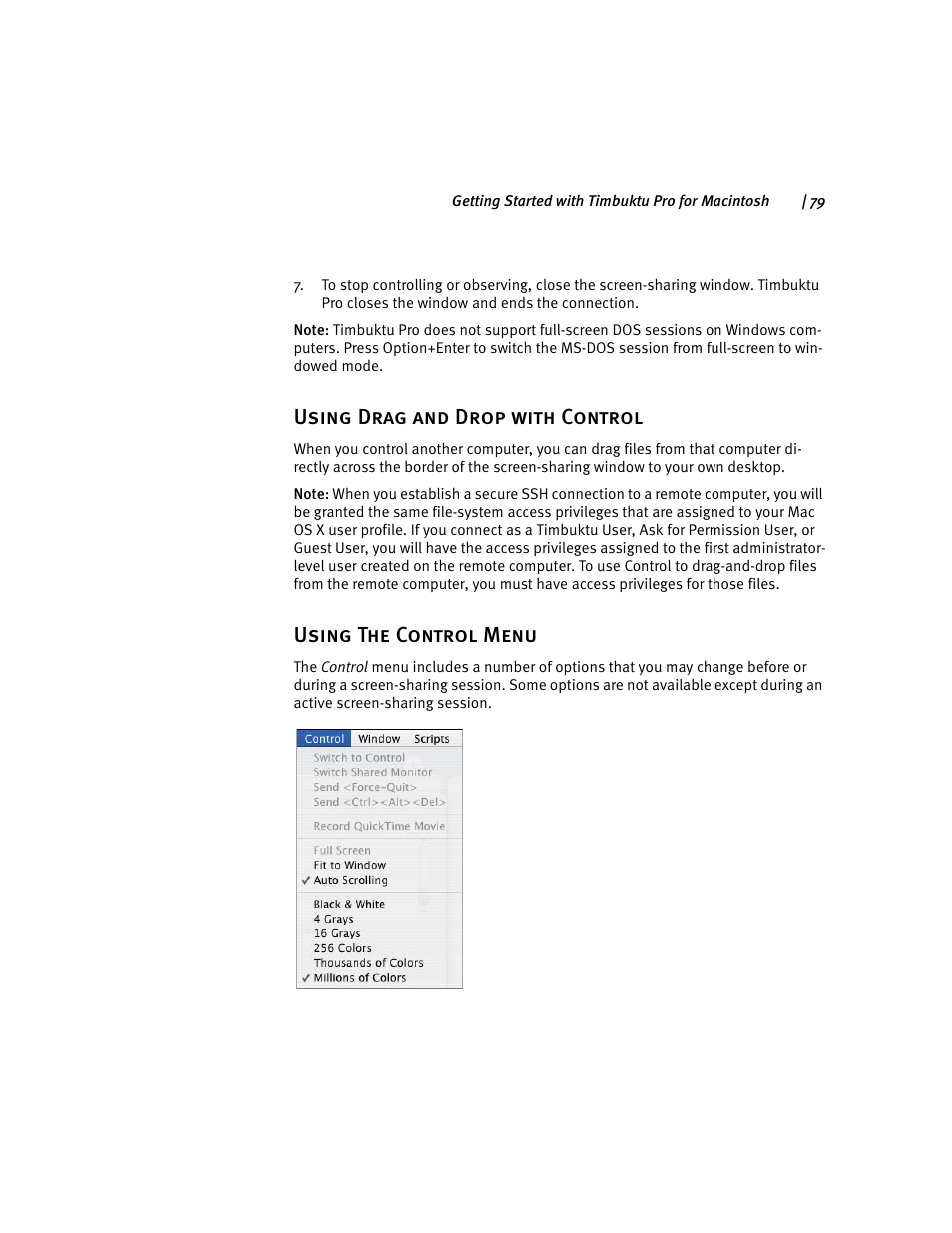 Using drag and drop with control, Using the control menu, Using the control menu” on | ARRIS Timbuktu for Macintosh v8.8.3- Getting Started Guide User Manual | Page 79 / 116