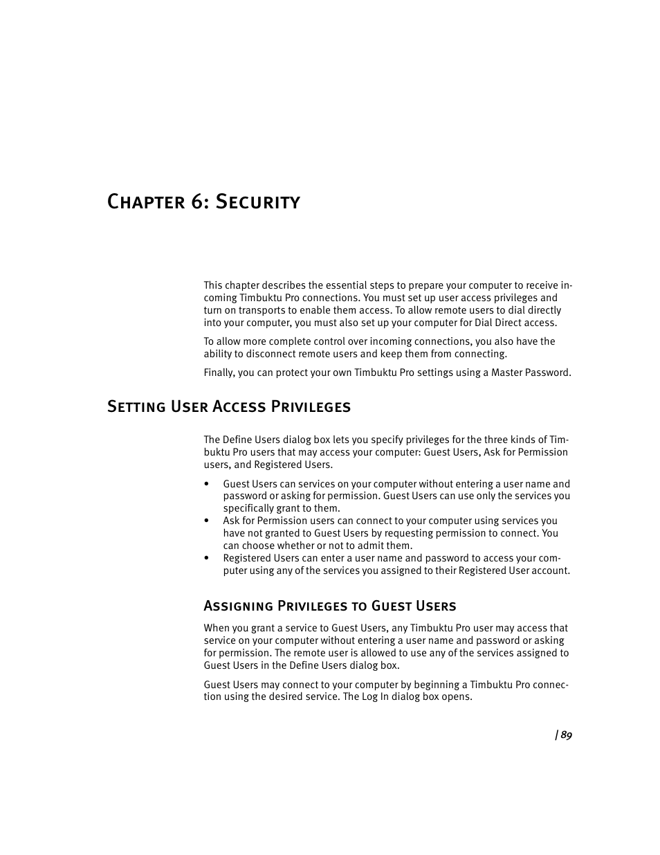 Chapter 6: security, Setting user access privileges, Assigning privileges to guest users | Security, Setting user access privi | ARRIS Timbuktu for Macintosh v8.8.3- Getting Started Guide User Manual | Page 89 / 116
