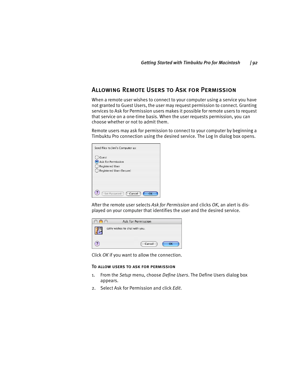Allowing remote users to ask for permission | ARRIS Timbuktu for Macintosh v8.8.3- Getting Started Guide User Manual | Page 92 / 116