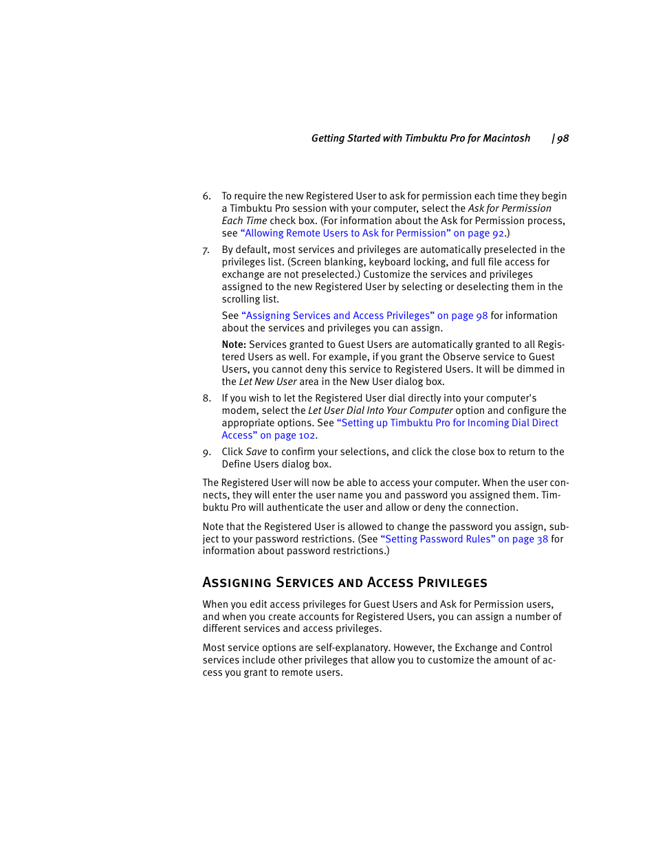 Assigning services and access privileges, Assigning services and access privi | ARRIS Timbuktu for Macintosh v8.8.3- Getting Started Guide User Manual | Page 98 / 116