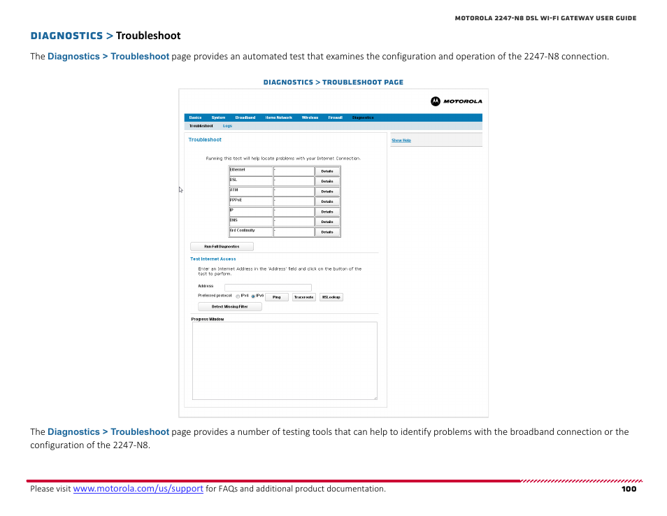 Troubleshoot, Diagnostics | ARRIS 2247-N8-10NA (v9.1.x) User Manual User Manual | Page 100 / 131