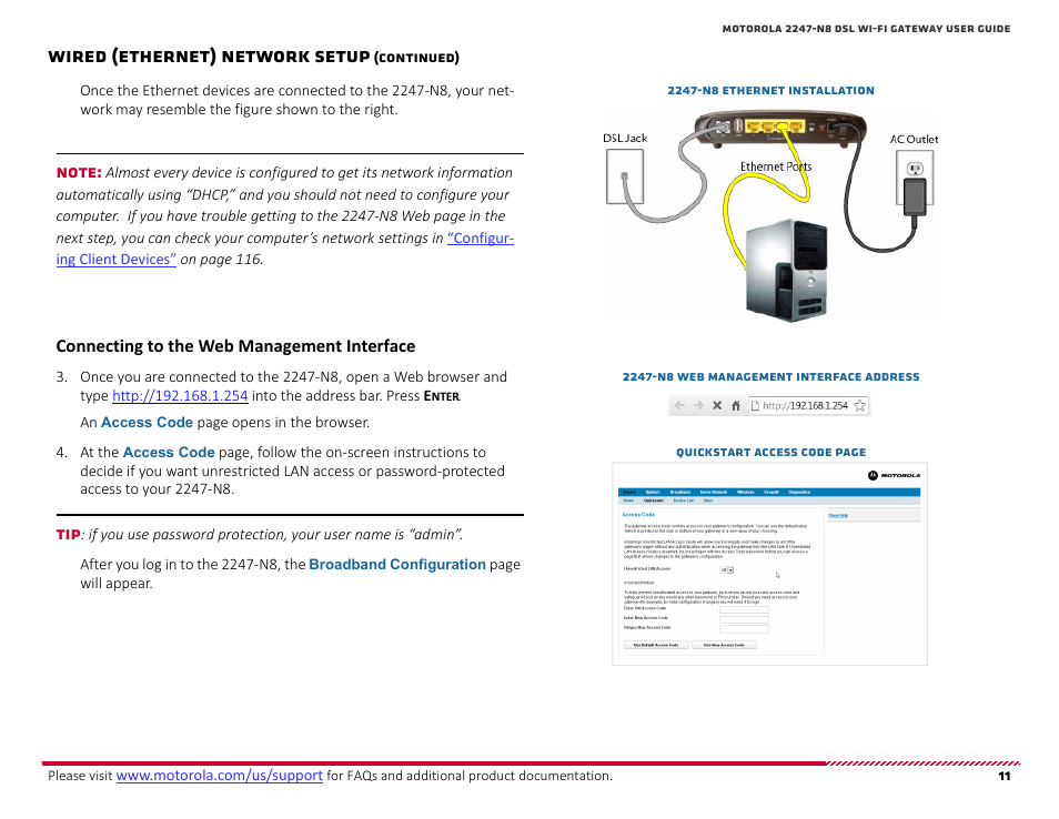 Connecting to the web management interface, Wired (ethernet) network setup | ARRIS 2247-N8-10NA (v9.1.x) User Manual User Manual | Page 11 / 131