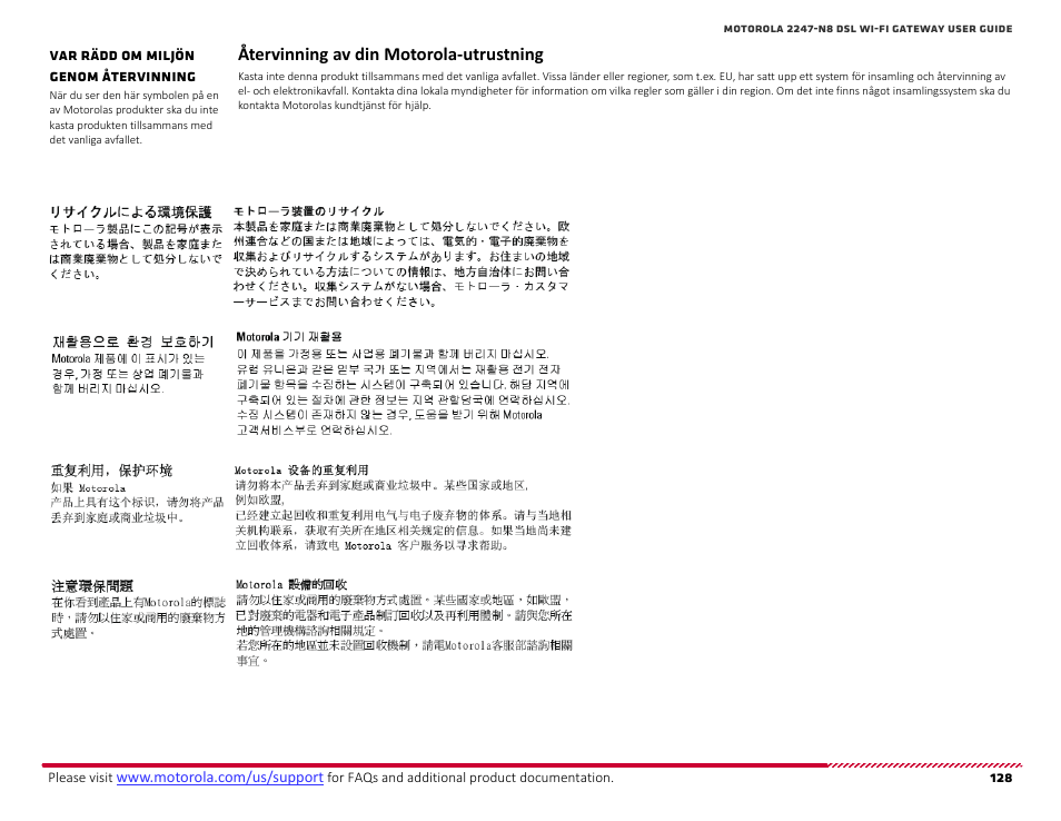 Återvinning av din motorola-utrustning, Var rädd om miljön genom återvinning | ARRIS 2247-N8-10NA (v9.1.x) User Manual User Manual | Page 128 / 131