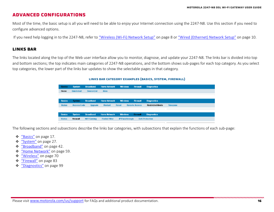 Advanced configurations, Links bar, Dvanced | Onfigurations | ARRIS 2247-N8-10NA (v9.1.x) User Manual User Manual | Page 16 / 131