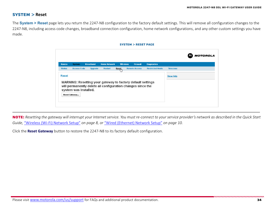 Reset, System | ARRIS 2247-N8-10NA (v9.1.x) User Manual User Manual | Page 34 / 131