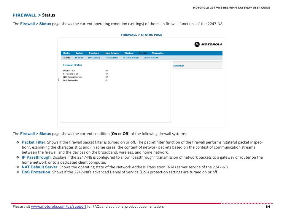 Status, Firewall | ARRIS 2247-N8-10NA (v9.1.x) User Manual User Manual | Page 84 / 131