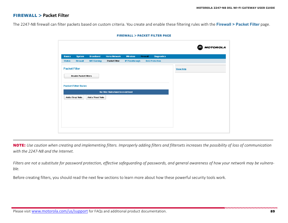 Packet filter, Firewall | ARRIS 2247-N8-10NA (v9.1.x) User Manual User Manual | Page 89 / 131