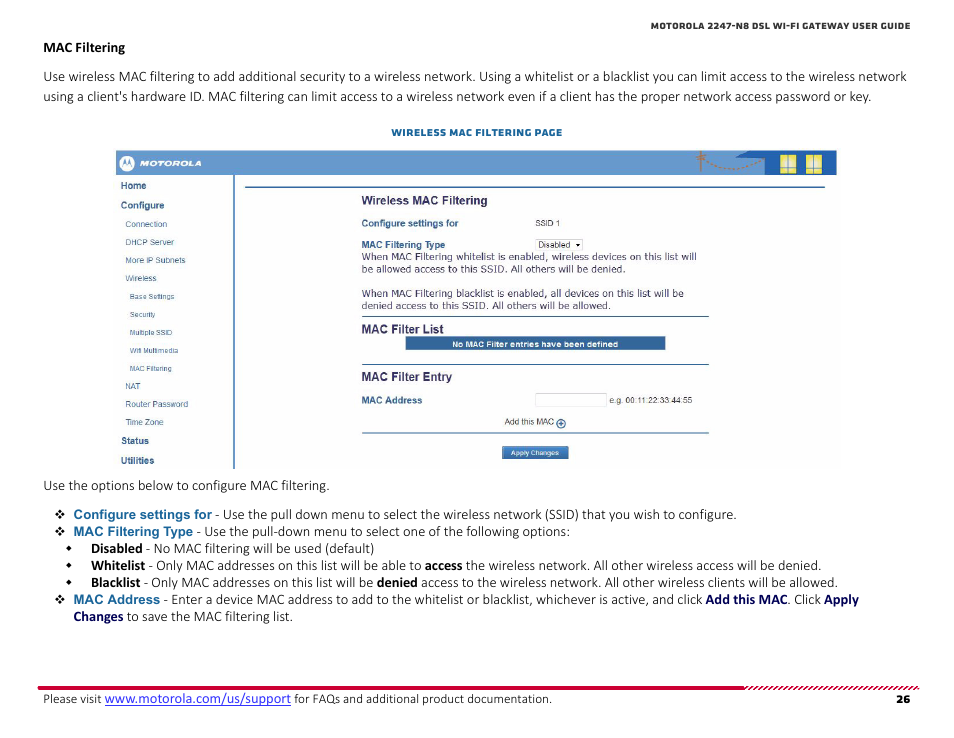Mac filtering | ARRIS 2247-N8-10NA User Manual User Manual | Page 27 / 68