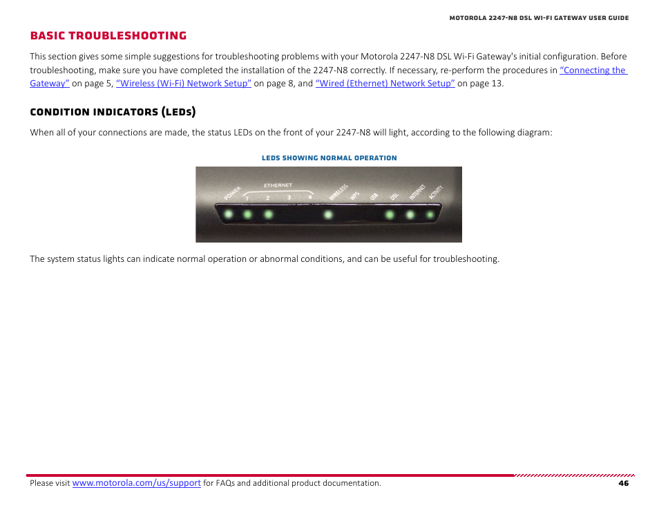 Basic troubleshooting, Condition indicators (leds), Asic | Roubleshooting, Secti, Ings in, Basic trou, Bleshooting, Condition indicators (led | ARRIS 2247-N8-10NA User Manual User Manual | Page 47 / 68