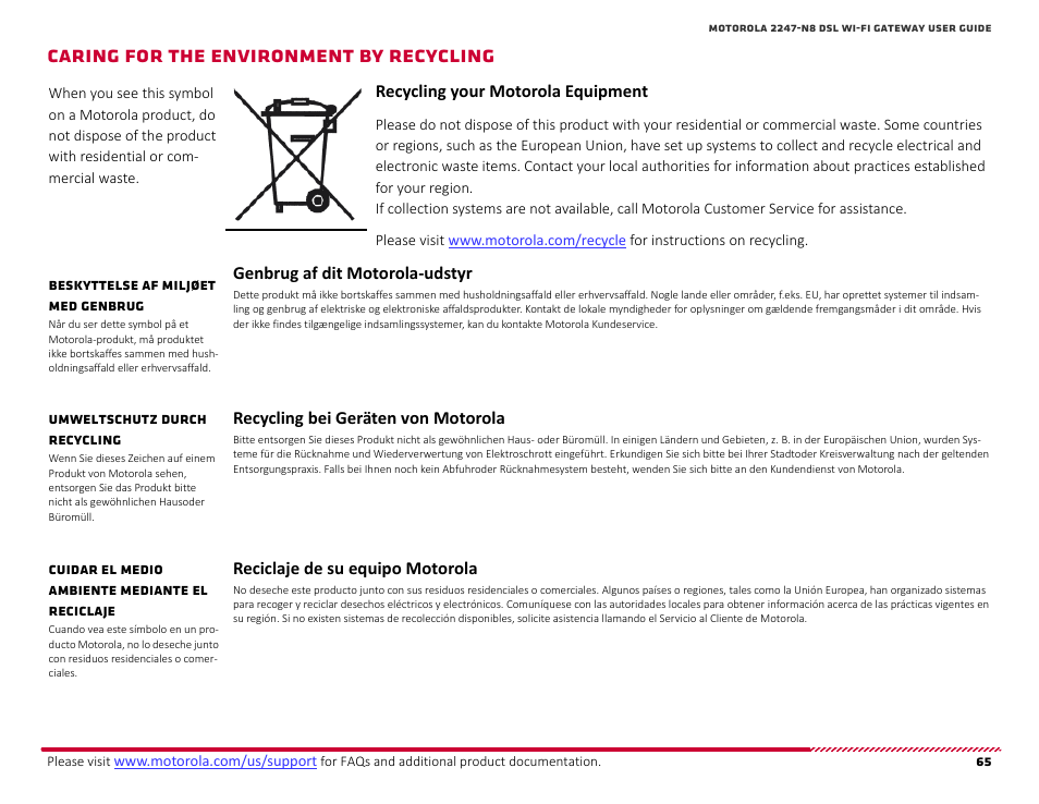 Caring for the environment by recycling, Recycling your motorola equipment, Genbrug af dit motorola-udstyr | Beskyttelse af miljøet med genbrug, Recycling bei geräten von motorola, Umweltschutz durch recycling, Reciclaje de su equipo motorola, Cuidar el medio ambiente mediante el reciclaje, Aring, Nvironment | ARRIS 2247-N8-10NA User Manual User Manual | Page 66 / 68