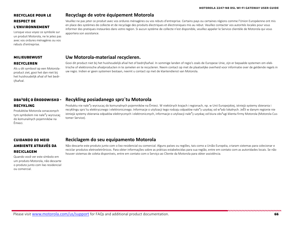 Recyclage de votre équipement motorola, Recyclage pour le respect de l'environnement, Uw motorola-materiaal recycleren | Milieubewust recycleren, Recykling posiadanego sprz´tu motorola, Dba¸oêç o êrodowisko - recykling, Reciclagem do seu equipamento motorola, Cuidando do meio ambiente através da reciclagem | ARRIS 2247-N8-10NA User Manual User Manual | Page 67 / 68