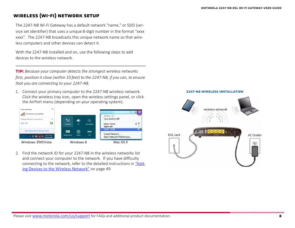 Wireless (wi-fi) network setup (continued), Wireless (wi-fi) network setup, Wireless (wi-fi) network | Setup | ARRIS 2247-N8-10NA User Manual User Manual | Page 9 / 68