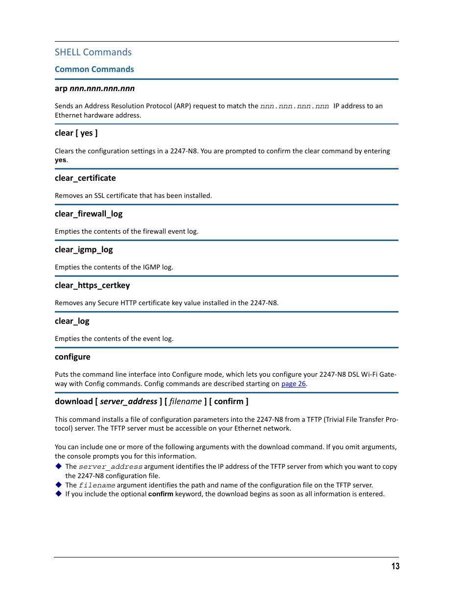 Shell commands, Common commands | ARRIS 2247-N8-10NA (v9.1.x) Admin Handbook User Manual | Page 13 / 110