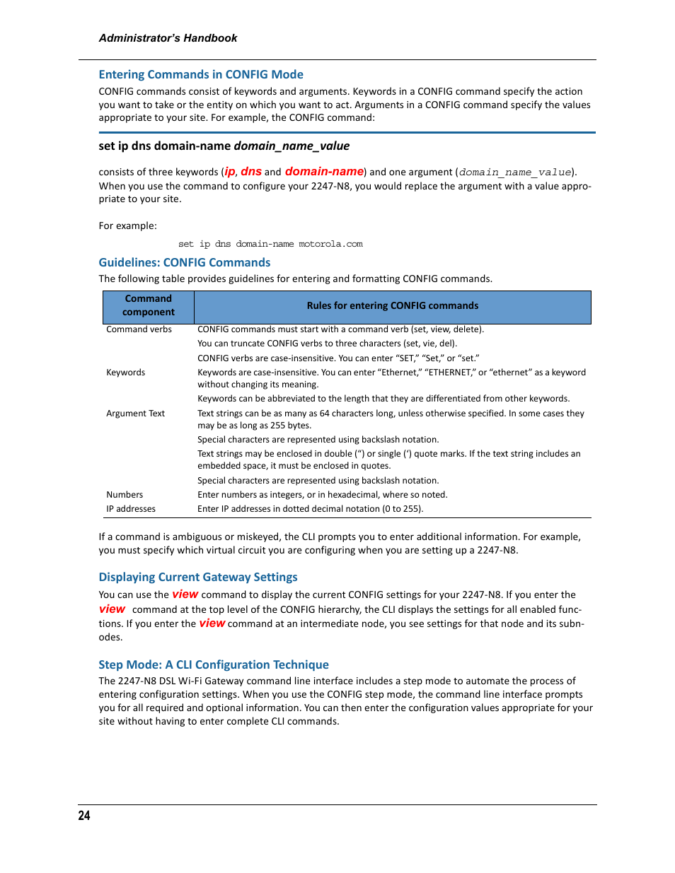 Entering commands in config mode, Guidelines: config commands, Displaying current gateway settings | Step mode: a cli configuration technique | ARRIS 2247-N8-10NA (v9.1.x) Admin Handbook User Manual | Page 24 / 110