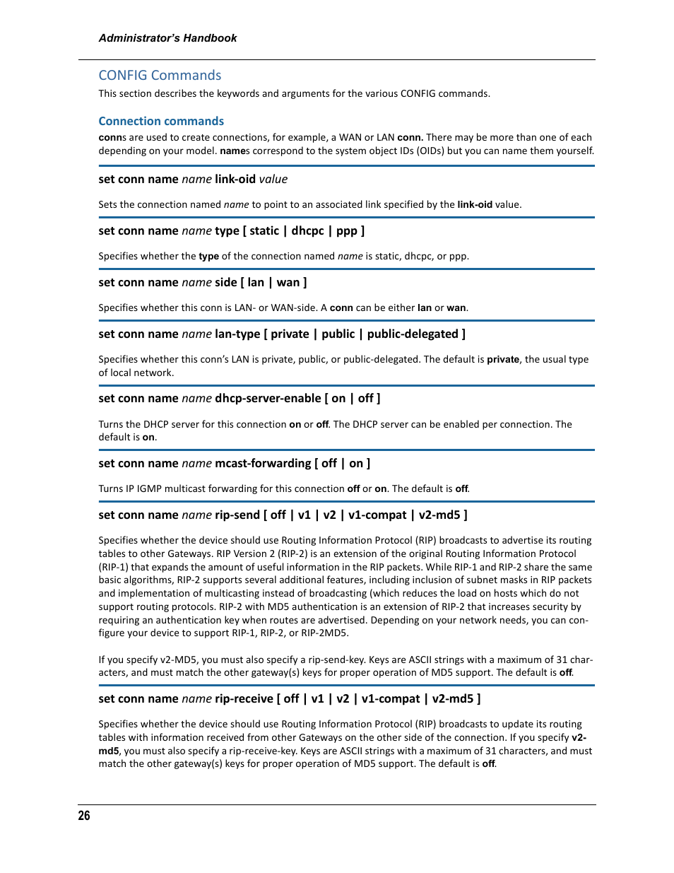 Config commands, Connection commands | ARRIS 2247-N8-10NA (v9.1.x) Admin Handbook User Manual | Page 26 / 110