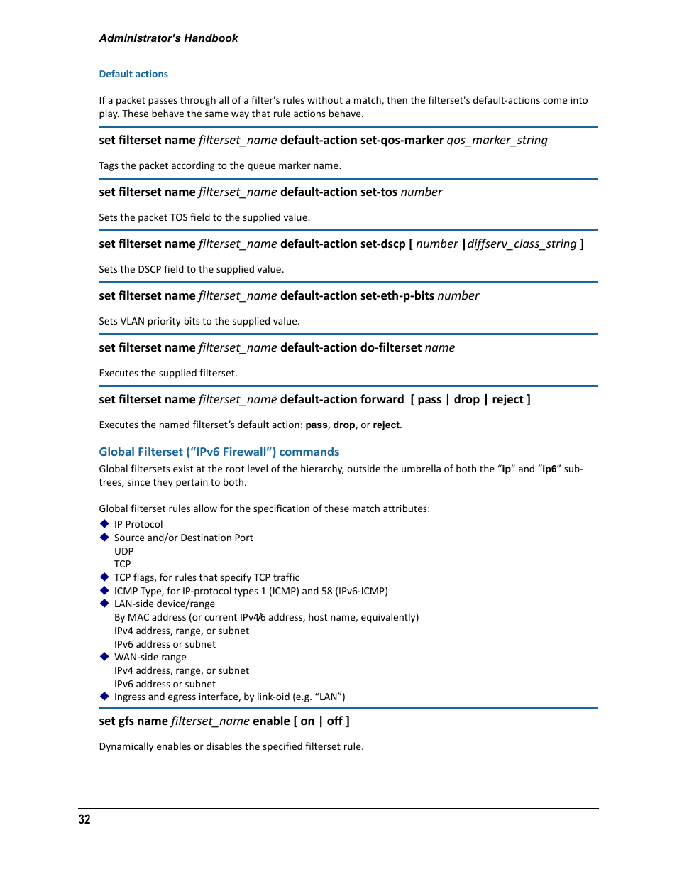 Global filterset (“ipv6 firewall”) commands | ARRIS 2247-N8-10NA (v9.1.x) Admin Handbook User Manual | Page 32 / 110