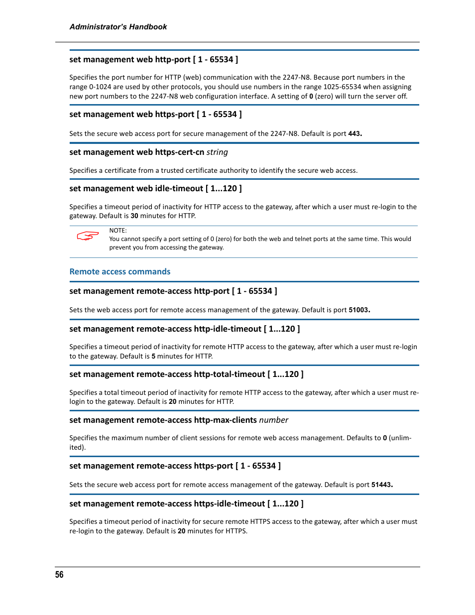 Remote access commands | ARRIS 2247-N8-10NA (v9.1.x) Admin Handbook User Manual | Page 56 / 110