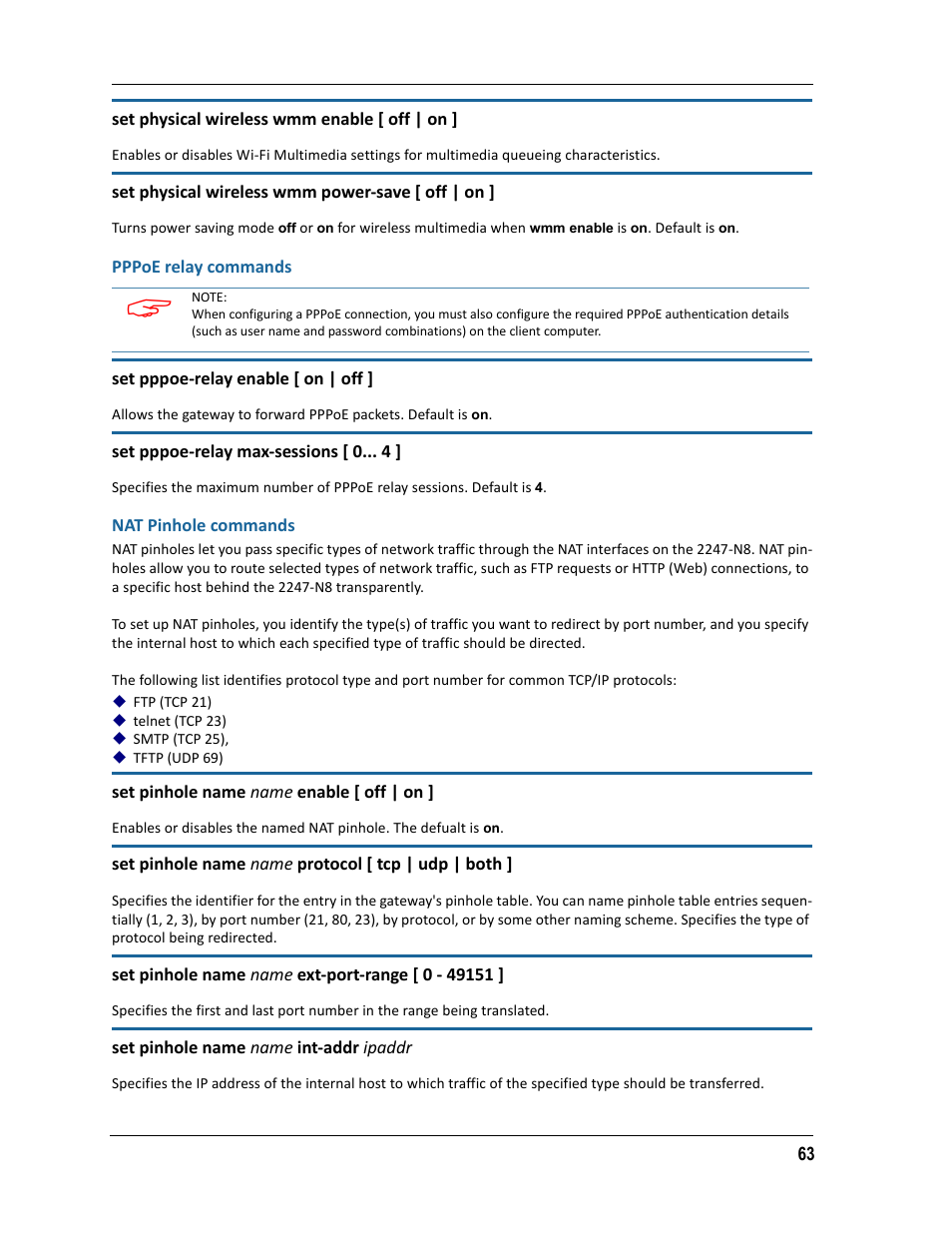 Pppoe relay commands, Nat pinhole commands, Pppoe relay commands nat pinhole commands | ARRIS 2247-N8-10NA (v9.1.x) Admin Handbook User Manual | Page 63 / 110