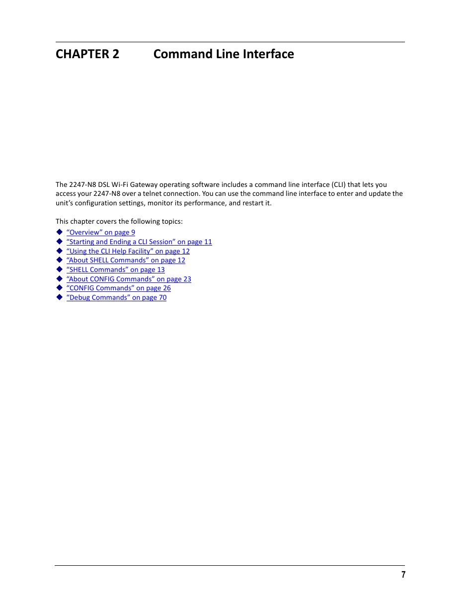Chapter 2 command line interface, Chapter 2, Command line interface | ARRIS 2247-N8-10NA (v9.1.x) Admin Handbook User Manual | Page 7 / 110
