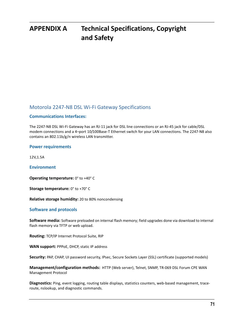 Motorola 2247-n8 dsl wi-fi gateway specifications, Communications interfaces, Power requirements | Environment, Software and protocols, Appendix a | ARRIS 2247-N8-10NA (v9.1.x) Admin Handbook User Manual | Page 71 / 110