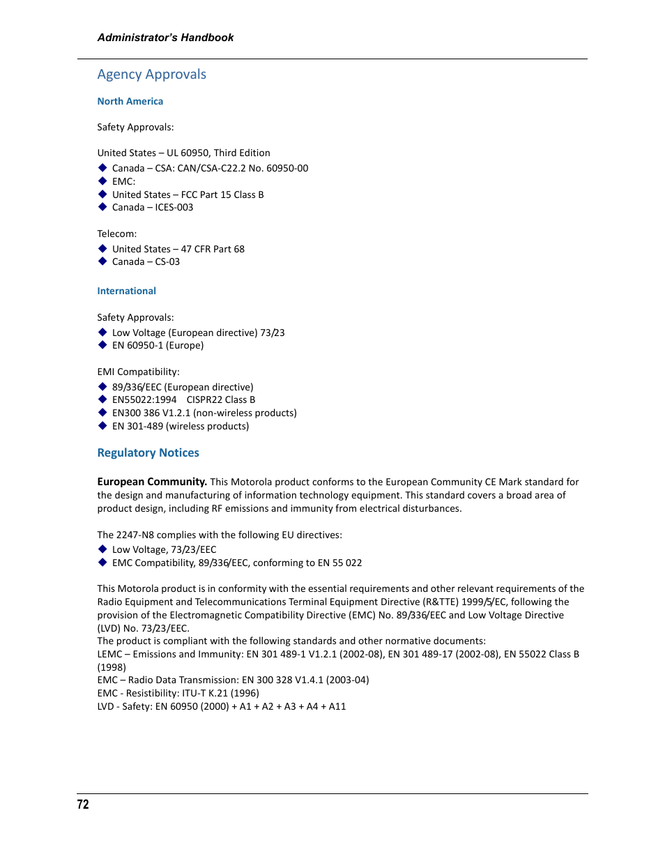 Agency approvals, Regulatory notices | ARRIS 2247-N8-10NA (v9.1.x) Admin Handbook User Manual | Page 72 / 110
