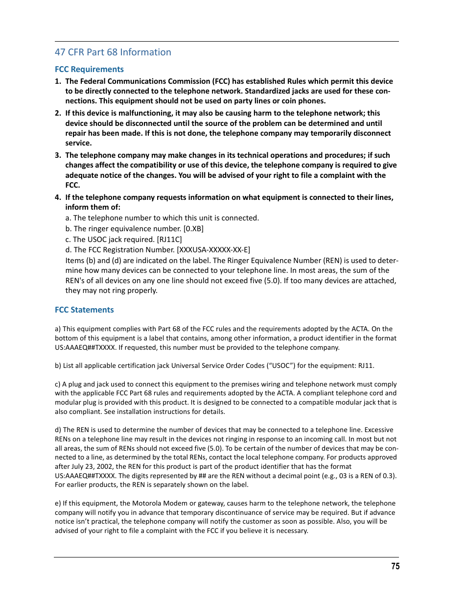 47 cfr part 68 information, Fcc requirements, Fcc statements | Fcc requirements fcc statements | ARRIS 2247-N8-10NA (v9.1.x) Admin Handbook User Manual | Page 75 / 110