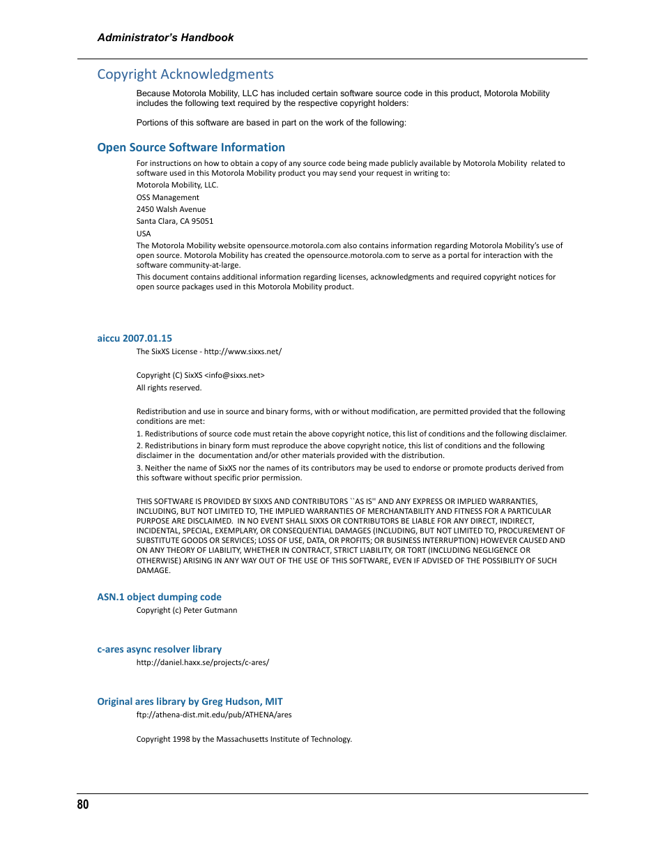 Copyright acknowledgments, Open source software information | ARRIS 2247-N8-10NA (v9.1.x) Admin Handbook User Manual | Page 80 / 110