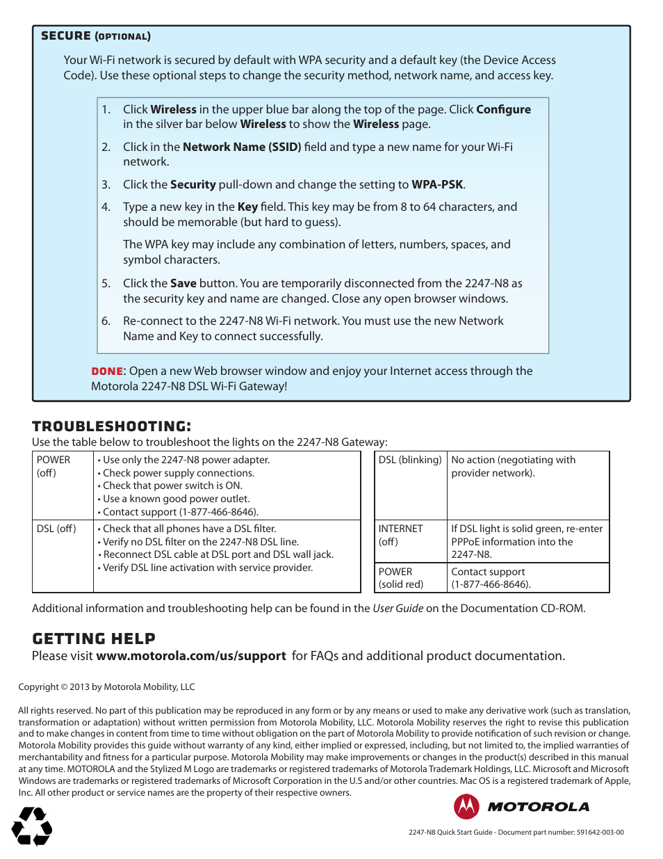 Getting help, Troubleshooting, Secure | Done | ARRIS 2247-N8-10NA (v9.1.x) Quick Start Guide User Manual | Page 3 / 3