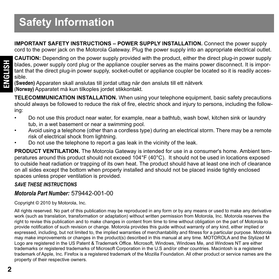 Safety information, Caution, Telecommunication installation | Product ventilation, English | ARRIS 2247-N8-10NA Quick Start Guide User Manual | Page 2 / 24