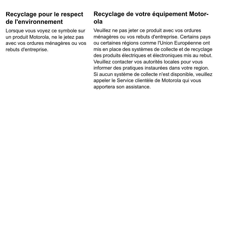 Recyclage de votre équipement motorola, Recyclage pour le respect de l'environnement | ARRIS 2247-N8-10NA Quick Start Guide User Manual | Page 22 / 24