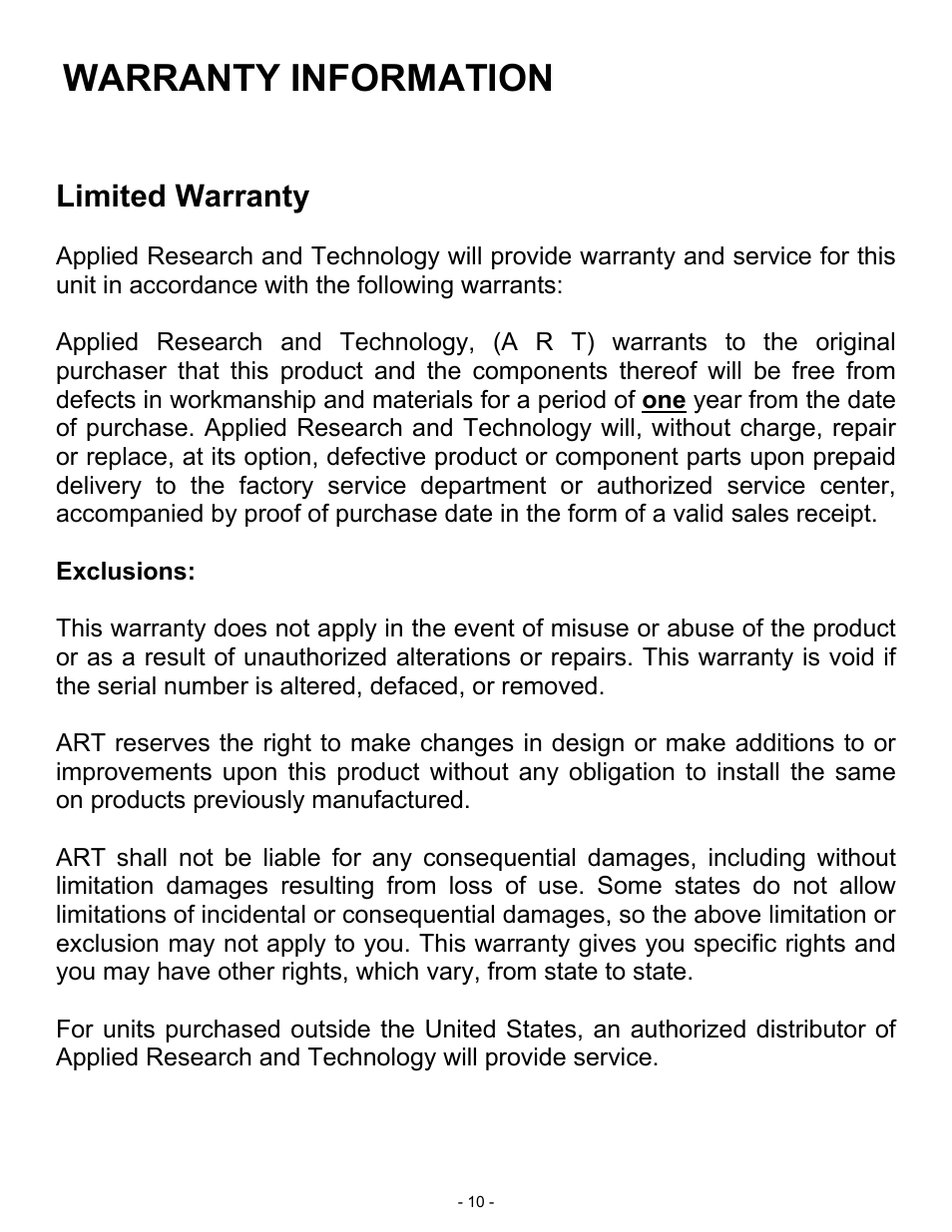 Warranty information, Limited warranty | ART Pro Audio 311 - 2way Crossover w/ Subwoofer Out User Manual | Page 10 / 12
