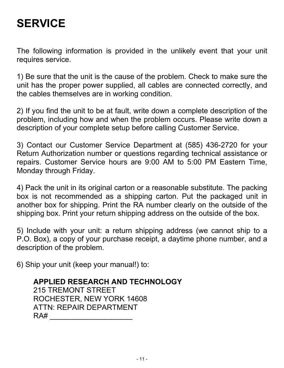 215 tremont street, Service | ART Pro Audio 311 - 2way Crossover w/ Subwoofer Out User Manual | Page 11 / 12