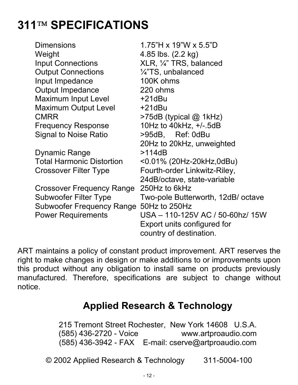 Applied research & technology, 311  specifications | ART Pro Audio 311 - 2way Crossover w/ Subwoofer Out User Manual | Page 12 / 12